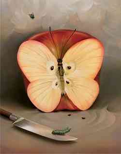 Surrealismo la mela che guarda il verme