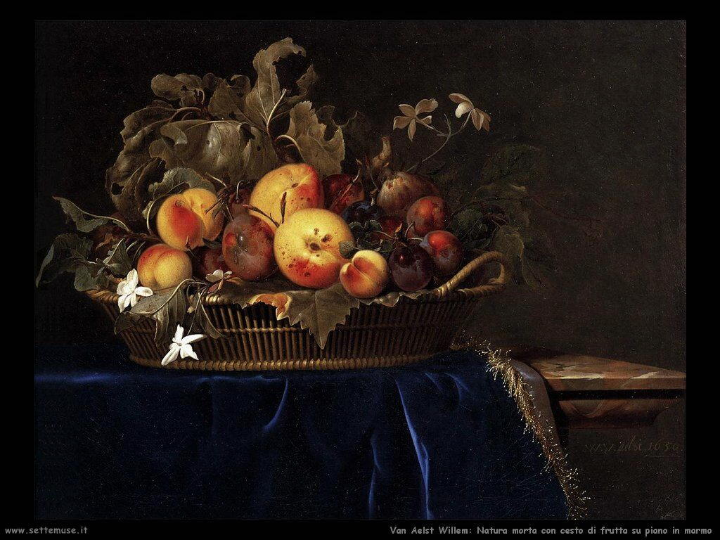 Van Aelst Willem Cesto di frutta su un ripiano di marmo