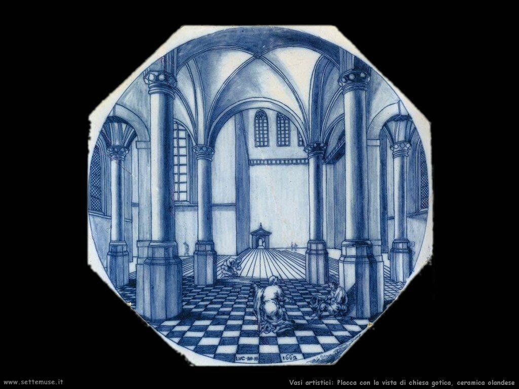 Placca con vista di chiesa gotica (ceramica olandese)