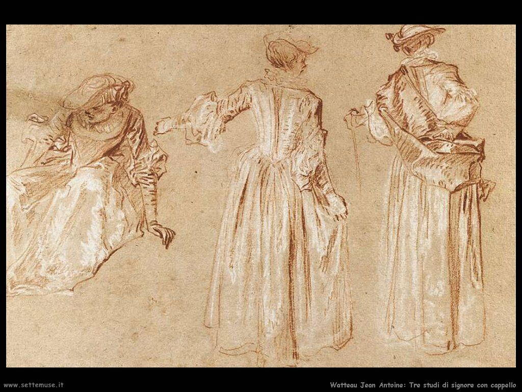 Tre studi di signora con cappello Watteau Jean Antoine