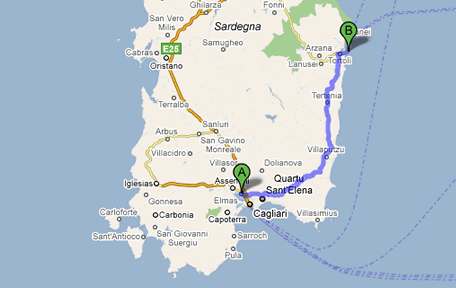Mappa da Cagliari ad Arbatax